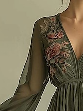abordables Robes Boho-Femmes Robe maxi Robe trapèze Occasionnel Extérieur Sortir Coupe régulière Fleuri Graphique manche longue Col en V Vert Été