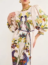 preiswerte bedruckte Kleider aus Baumwolle und Leinen-Damen Langes Kleid Maxikleid Baumwoll-Leinen-Kleider Freizeitkleid Mode Outdoor Party Ferien Normale Passform Tiermotiv Langarm Rundhalsausschnitt Beige Sommer