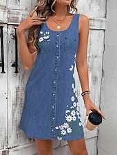 ieftine rochie florală-Pentru femei Rochie Mini Rochie de Vară Rochie A line Rochie de vară Vacanță Casual Zilnic Fit regulat Floral Grafic Fără manșon În U Bleumarin Albastru piscină Vară