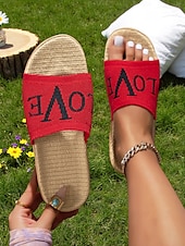 cheap Casual Sandals-Women&#039;s Flyknit Slide Sandals - Red &quot;LOVE&quot; Graphic, Casual Slip-On Design, Perfect for Beach Days and Casual Outings
