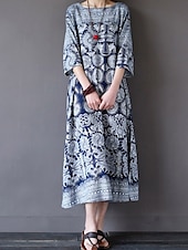 abordables Robes Bohémiennes-Femmes Robe Midi Robe en coton et lin Robe Fleurie Robe bohème Robe Imprimée Mode Classique Extérieur Vacances Fête Coupe régulière Fleur Manche 3/4 Col ras du cou Bleu clair Été