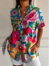billige Blomstrete topper-Damenskjorte Langermet Knappebluse Blomster Grafikk Aktiv Daglig Stilfull Kortermet Skjorte Krage Vanlige Topp Daglig Hvit Rød Fuchsia Sommer Vår