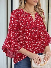 abordables Hauts Floraux-Femmes Chemise Couleur Unie Fleuri Élégant Occasionnel Manche 3/4 Col en V Hauts Réguliers Quotidien A Volants Imprimé Blanche Rose Claire Rouge Vert Été Printemps