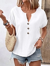 economico Top Semplici da Donna-Per donna Blusa Tinta unica Semplice Elegante Vintage Casual Manica Corta Scollo a V Collo a V Top Regolari Quotidiano Ferie Bottoni Bianco Rosso Blu marino Arancione Beige Estate Primavera