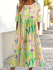 cheap Floral Dress-Women&#039;s Midi Dress A Line Dress Summer Dress Vacation Casual Daily Holiday Loose Fit Floral Graphic Half Sleeve Crew Neck Yellow Pink Blue Summer Spring