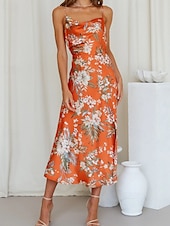 cheap Print Floral Dresses-Women&#039;s Midi Dress Floral Dress Boho Dress Print Dress Fashion Classic Outdoor Vacation Holiday Regular Fit Flower Sleeveless Spaghetti Strap Pink Navy Blue Orange Summer