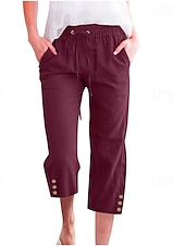 baratos Calça de linho de algodão simples-Mulheres Calças de linho de algodão Calças Capri Calças Moda Roupa de rua Comprimento da panturrilha Natural Tecido Bolsos Design de cordão elástico Confortável Exterior Rua Para Noite clarete Azul