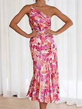 abordables Robes Floraux Imprimés-Femmes Robe Midi Robe Fleurie Robe Imprimée Mode Moderne Extérieur Vacances Week-end Coupe régulière Fleur Sans manches Une Épaule Jaune Bleu Violet Orange Été