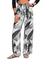 economico gamba larga e vita alta-Per donna Pantaloni Eleganti Pantaloni Moda Boho Lunghezza intera Naturale Foglia Stampato Design con Coulisse Elastica Comodo All&#039;aperto Confortevole All&#039;aperto Ferie Casual Quotidiano Grigio Rosa