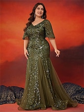 Χαμηλού Κόστους ΠΡΑΣΙΝΟ-Φόρεμα A-Line Plus Size Elegant Dress Επίσημο Γάμου Μήκος Δαπέδου Κοντό Μανίκι V Λαιμό Σατέν με Sequins