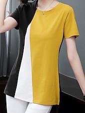 billige Stripe og geometrisk t-skjorte-Dame Bluse Geometrisk Fargeblokk Stilfull Fritid Kortermet Crew-hals Vanlige topper Daglig Trykt mønster Svart Gul Blå Oransje Brun Sommer