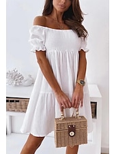 abordables Robes décontractées blanches-Femmes Mini Robe Robe Décontractée Robe d&#039;été Basique Moderne Quotidien Week-end Coupe régulière Uni Manche Courte Épaules Dénudées Noir Blanche Abricot Été