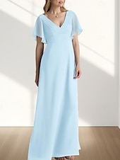 preiswerte Bodenlänge-A-Linie Brautmutterkleid Hochzeitsgast Elegant Süß V Ausschnitt Bodenlang Chiffon Kurzarm mit Raffung 2025