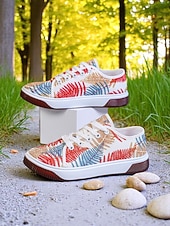billiga Damsneakers-Färgglada damsneakers med lövtryck – avslappnade snörskor för naturälskande kvinnor, perfekta för promenader utomhus och vardagsbruk