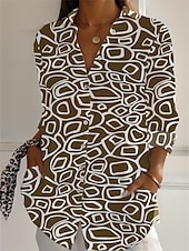 abordables Chemises-Femmes Chemises en coton et lin Géométrique Quotidien Occasionnel Manche 3/4 Col de chemise Hauts Réguliers Quotidien Fête Boutons Imprimé Noir Blanche Marron Vert Été