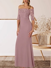 cheap Floor Length-A-Line Mother of the Bride Dress Wedding Guest Elegant Off Shoulder Floor Length Chiffon Half Sleeve with Lace