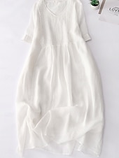 ieftine proiectează rochii din bumbac și in-Rochie midi din bumbac și in pentru femei, rochie tip A, rochie de vară, casual, croială regulată, simplă, mânecă scurtă, guler rotund, alb, albastru, violet, verde, vară
