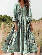 preiswerte Boho Kleider-Damen Maxikleid Sommerkleid A Linie Kleid Faltenkleid Urlaub Lässig Boho Ausgehen Lässiger Schnitt Blumen Grafik Dreiviertelarm V Ausschnitt Schwarz Gelb Blau Grün Sommer Frühling