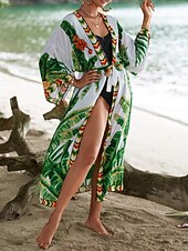 billiga Kaftans-Dam Badkläder Täck Över Baddräkt knyt fram Tropisk Standkläder Blomma V-hals Långärmad Baddräkter