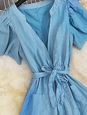 abordables Robes Bohémiennes-Femmes Mini Robe Robe en coton et lin Robe bohème Robe occidentale Mode Moderne Vacances Fête Week-end Coupe régulière Uni Manche Courte Col en V Bleu Été