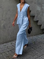 preiswerte Sets-Damen Aktiv Mode Baumwoll-Leinen-Hemden Bluse Hosen-Sets Ärmellos V Ausschnitt Einfarbig Dubbele Rij Knopen Urlaub Alltagstauglich Schwarz Rosa Leicht Blau Sommer Normale Passform
