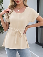 billige Kvinne Enkle Topper-Dame Bluse Helfarge Stilfull Fritid Kortermet Crew-hals Vanlige topper Daglig Blondér Blå Fuksia Grønn Aprikos Sommer