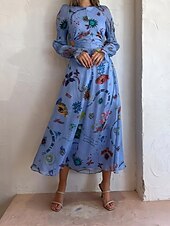 preiswerte bedruckte Kleider aus Baumwolle und Leinen-Damen Langes Kleid Maxikleid Baumwoll-Leinen-Kleider Freizeitkleid Mode Outdoor Party Ferien Normale Passform Bemalt Langarm Rundhalsausschnitt Blau Sommer
