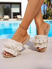 preiswerte Urlaubsandalen-Damen-Sandalen mit Fransen – flache Schuhe im Bohème-Makramee-Stil für den Pool, den Urlaub und entspannte Sommertage
