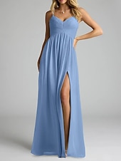 baratos Vestidos para Madrinhas-Vestido de dama de honra em corte A, decote em V / alças finas, sem mangas, elegante, longo, chiffon com pregas / frente aberta / franzido 2025