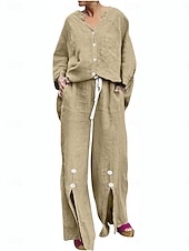 abordables Ensembles-Femmes Actif Basique Ensembles en coton et lin manche longue Col en V Couleur Unie Décontracté Quotidien Noir Blanche Jaune Été Coupe régulière