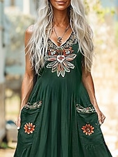 abordables Robes Bohémiennes-Femmes Robe Longue Maxi Robe Robe Décontractée Robe évasée Robe d&#039;été Robe bohème ancien Vacances Quotidien Fête Coupe régulière Fleuri Sans manches Col en V Vert Été