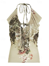 abordables Tops bohèmes-Femmes Chemise Bohème Chemisier Fleur Moderne Boho Sans manches Col Halter Hauts Réguliers Quotidien Fête Sortir Dos nu Imprimé Vert Été