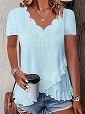 billige Plain t-skjorte-Dame Bluse Helfarge Stilfull Fritid Kortermet V-hals Vanlige topper Daglig Drapering Snørehull Hvit Gul Rosa Blå Grønn Sommer