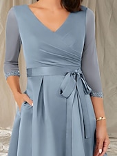 cheap Tea Length-A-Line Mother of the Bride Dress Wedding Guest Elegant Sweet V Neck Tea Length Satin Half Sleeve with Sash / Ribbon Beading Ruching 2025