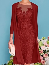 preiswerte Mit Jacke-zweiteiliges Etuikleid in Champagner für die Strandhochzeit, Mutter der Braut, elegantes Hochzeitsgastkleid mit Rundhalsausschnitt, knielang, Chiffonspitze, 3/4-Ärmel, Wickelkleid inklusive Jacke,