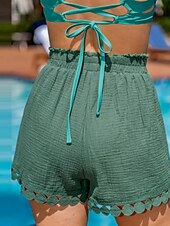 baratos Shorts jeans-Mulheres chinês Calção Roupa de rua Estilo Étnico Básico Curto Cintura Alta Tecido Bolsos Cintura elástica Confortável Macio Micro-Elástica Ao ar livre Férias Rua Preto Branco Rosa Azul Verão Normal