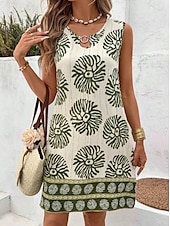 abordables Robes Boho-Femmes Mini Robe Robe d&#039;Été Vacances Boho Sortir Plage Coupe Standard Fleuri Graphique Paisley Sans manches Col Rond Noir Vert Été Printemps