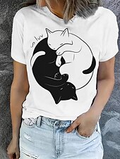 ieftine Tricou cu animale-Pentru femei Tricou Topuri de vară Grafic Pisica Clasic Casual Manșon scurt Stil Nautic Crop Tops Zilnic Sfârșit de săptămână Imprimeu Alb / Negru Vară Primăvară Toamnă