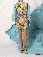 abordables Ensembles-Femmes Mode Streetwear Chemises en coton et lin Ensembles en coton et lin Ensembles de Shorts manche longue Col de chemise Usine Imprimé Tenue quotidienne Date Bleu Été Coupe régulière