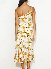 abordables Robes Floraux Imprimés-Femmes Robe Midi Robe Fleurie Robe Imprimée Mode Moderne Extérieur Vacances Week-end Coupe régulière Fleur Sans manches Une Épaule Jaune Bleu Violet Orange Été