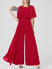 baratos Macacões da mamãe-Jumpsuits para Convidadas de Casamento Elegantes Formais Comprimento Longo Mangas Curtas Decote Joaninha Chiffon com Franjas 2025 tamanho personalizado gratuito