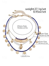 abordables Collier pour femme-Ensemble de colliers à breloques coquillages et pièces de monnaie en perles dorées et bleues pour femmes – colliers superposés de style bohème de plage avec des accents d&#039;étoiles de mer et de coquillages pour l&#039;été et les vacances