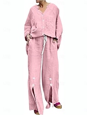 abordables Ensembles-Femmes Actif Basique Ensembles en coton et lin manche longue Col en V Couleur Unie Décontracté Quotidien Noir Blanche Jaune Été Coupe régulière