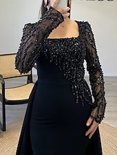 abordables Champagne-Robe de Soirée Sheath  Colonne Robe Élégante Carnaval Formelle Longueur de sol Manches longues Col illusion Détachable Crêpe extensible avec Paillettes et Perles