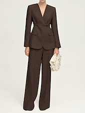 cheap Mom&#039;s Pant Suits-Collarless Blazer Two Piece Pantsuit Pantsuit Linen Blended Mother of the Bride Pantsuit Elegant Simple Minimalist V Neck Floor Length Long Sleeve with Solid Color 2025