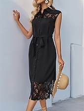 preiswerte Einfaches Kleid-Damen Midi Kleid Arbeit Kleider Semi Formal Büro Täglich Reguläre Passform Schlicht Ärmellos Hemdkragen Schwarz Sommer
