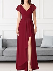 economico Abiti da damigella-Abito da damigella a trapezio, scollo a V, maniche lunghe, elegante, strascico a ruota in chiffon con pieghe e volant 2025