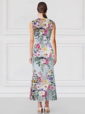 cheap Cocktail Dresses-Blue Mermaid / Trumpet Cocktail Floral Dresses Elegant Formal Wedding Guest Ankle Length Sleeveless High Neck with Embroidery
