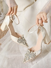 cheap Bride-Women's Pearl and Rhinestone Block Heels – Pointed-Toe Satin Bridal Wedding Pumps – Elegant Ivory High Heels