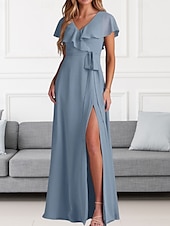 cheap Bridesmaid Dresses-A-Line Bridesmaid Dress V Neck Short Sleeve Elegant Floor Length Chiffon with Sash / Ribbon / Ruffles / Split Front
